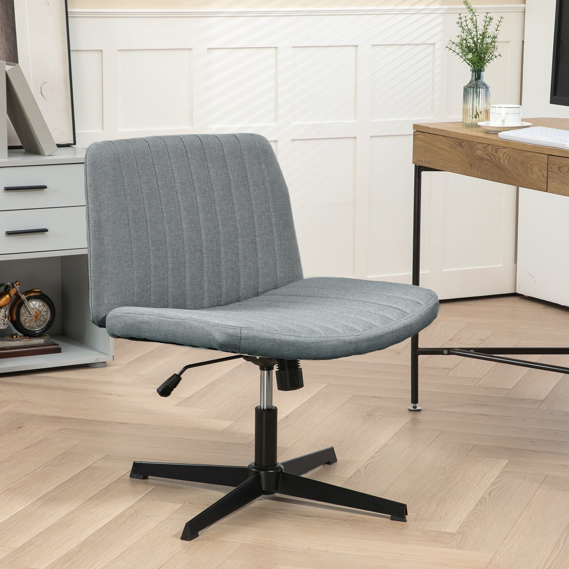 Homcom Wide Office Chair, Armless Office Desk Chair, Computer Fabric Vanity Chair With Adjustable Height, Gray Grey Polyester