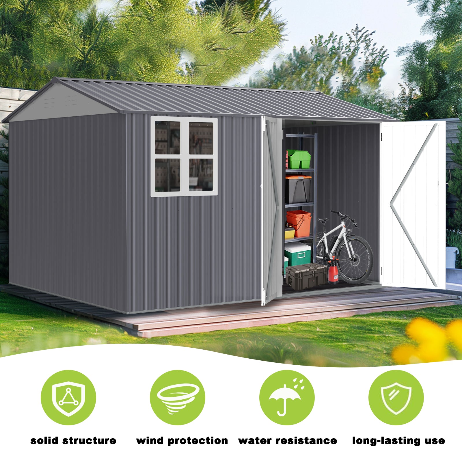 8X10Ft Outdoor Storage Shed With Thickened Galvanized Steel,With Sloped Roof & Double Lockable Door,Storage Shed Large With 6 Vents, Garden Tool Shed For Backyard Garden Patio Lawn Bike,Lawnmower Grey Rectangular None Garden & Outdoor Modern Year Round