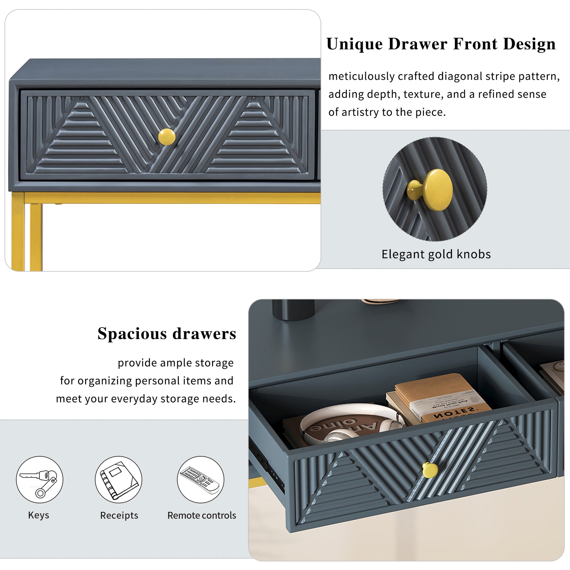 Modern Sleek Console Table Two Drawers With Stripe Design For Living Room And Entryway Grey Grey Mdf