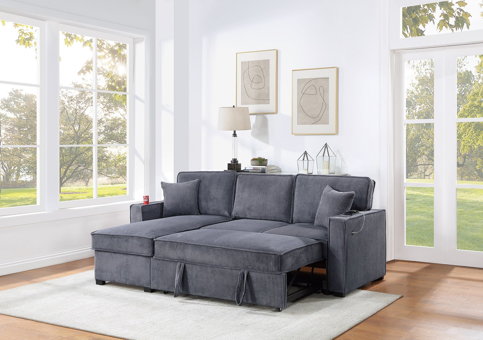 Convertible Sectional Dark Gray Color Corduroy Reversible Chaise W Storage And Sofa Pull Out Bed Pillows Living Room 2Pc Set Dark Gray Primary Living Space Cushion Back Contemporary,Modern L Shaped Rubberwood Rolled Arms Corduroy 4 Seat