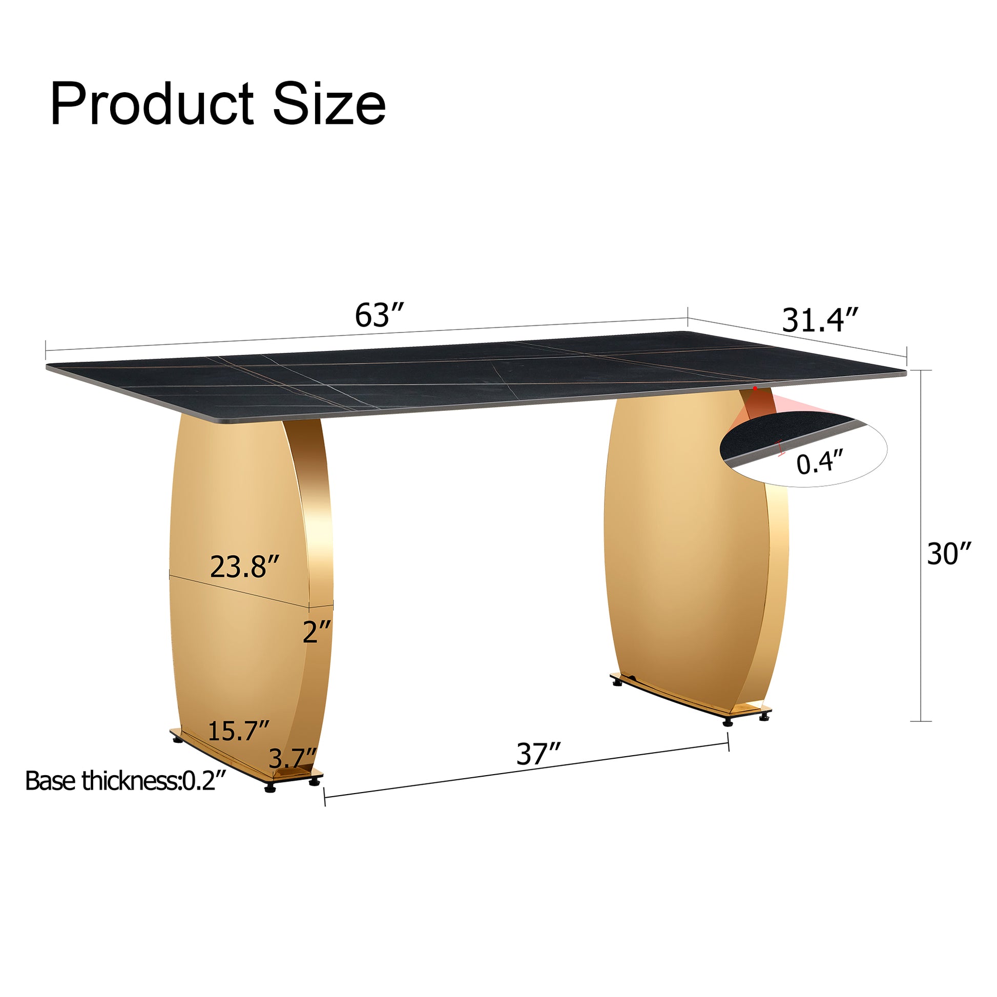 Modern Rectangular Table With 0.4 Inch Black Patterned Tabletop And Gold Legs, Suitable For Kitchen, Dining Room, And Living Room 63 Inches * 31.4 Inches * 30 Inches Gold Sintered Stone