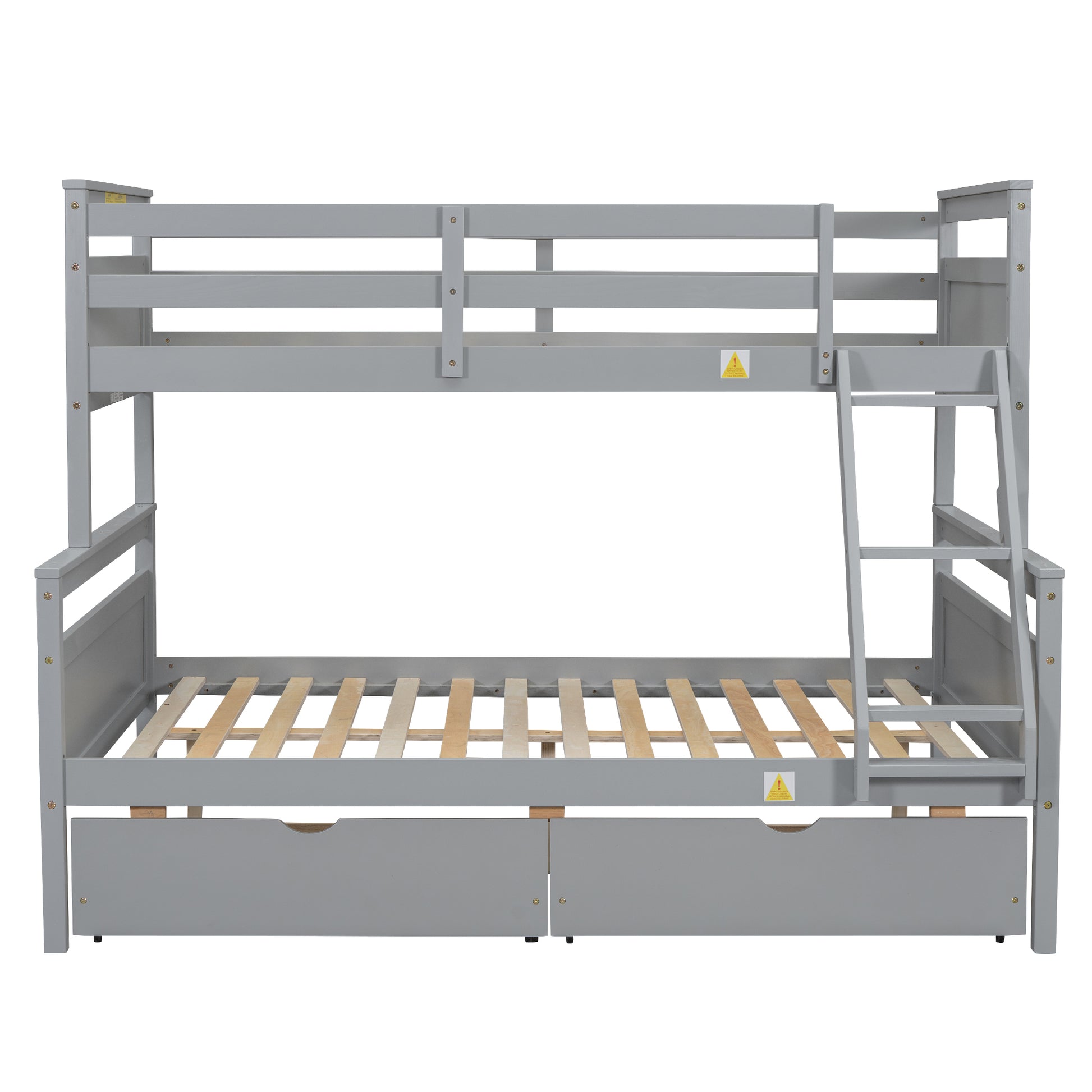 Twin Over Full Bunk Bed With Ladder, Two Storage Drawers, Safety Guardrail, Gray Box Spring Not Required Twin Gray Wood Bedroom Bunk Pine