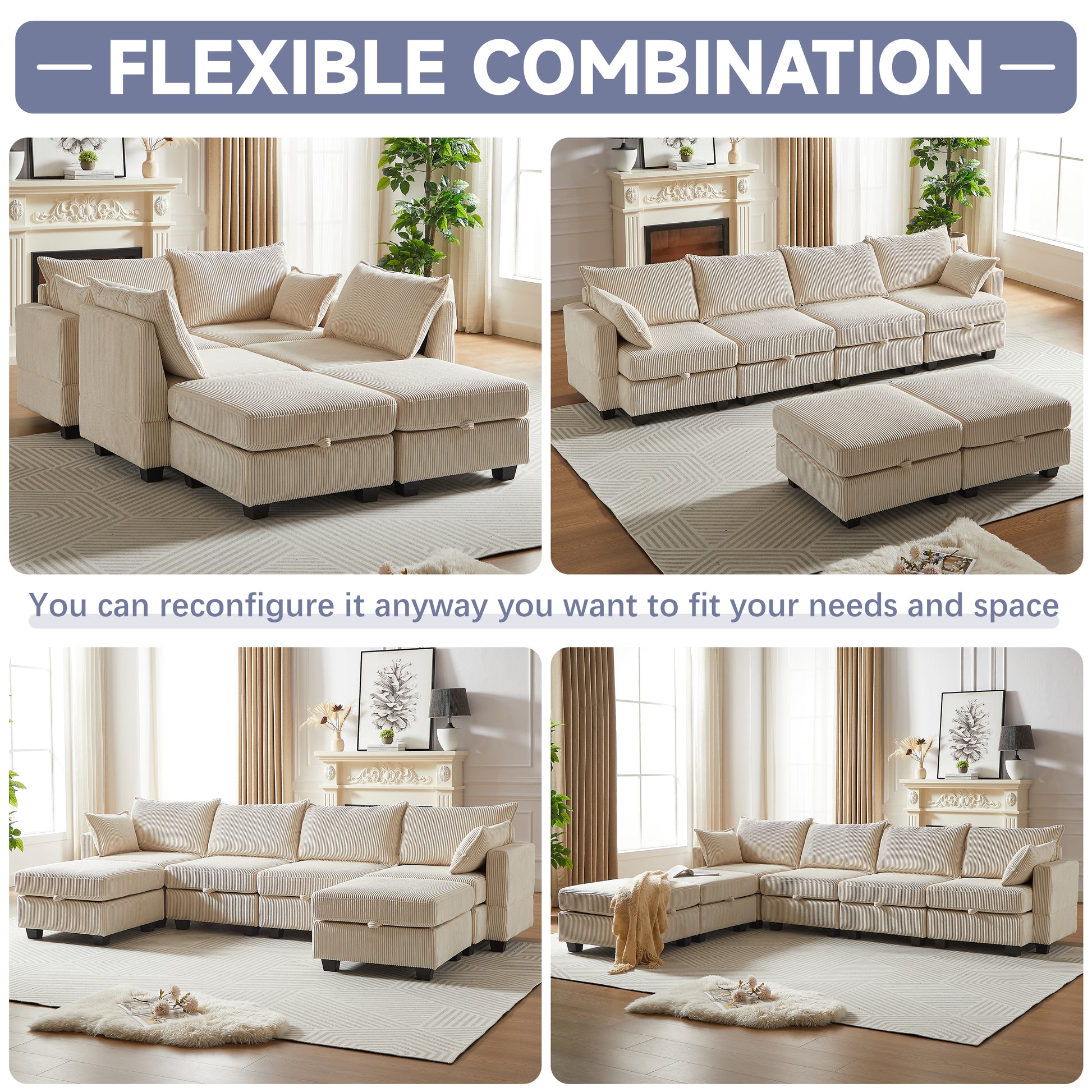 113.5'' Modular Sectiona Corduroy Sofa, Sectional Couches For Living Room U Shaped Sectional Couch With Storage Ottoman, 6 Seats Convertible Sectionals With Chaise Beige Corduroy 3 Seat