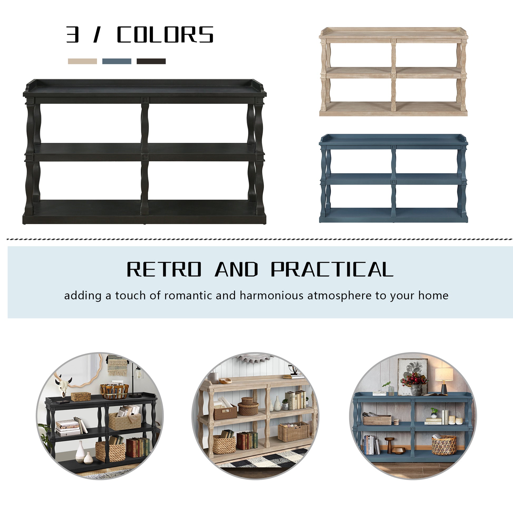 Console Table With 3 Tier Open Storage Spaces And Roman Column Effect Support Legs,Narrow Sofa Entry Table For Living Room, Entryway And Hallway Black Black Primary Living Space Floor Mount Console Tables Glossy Mdf Mdf