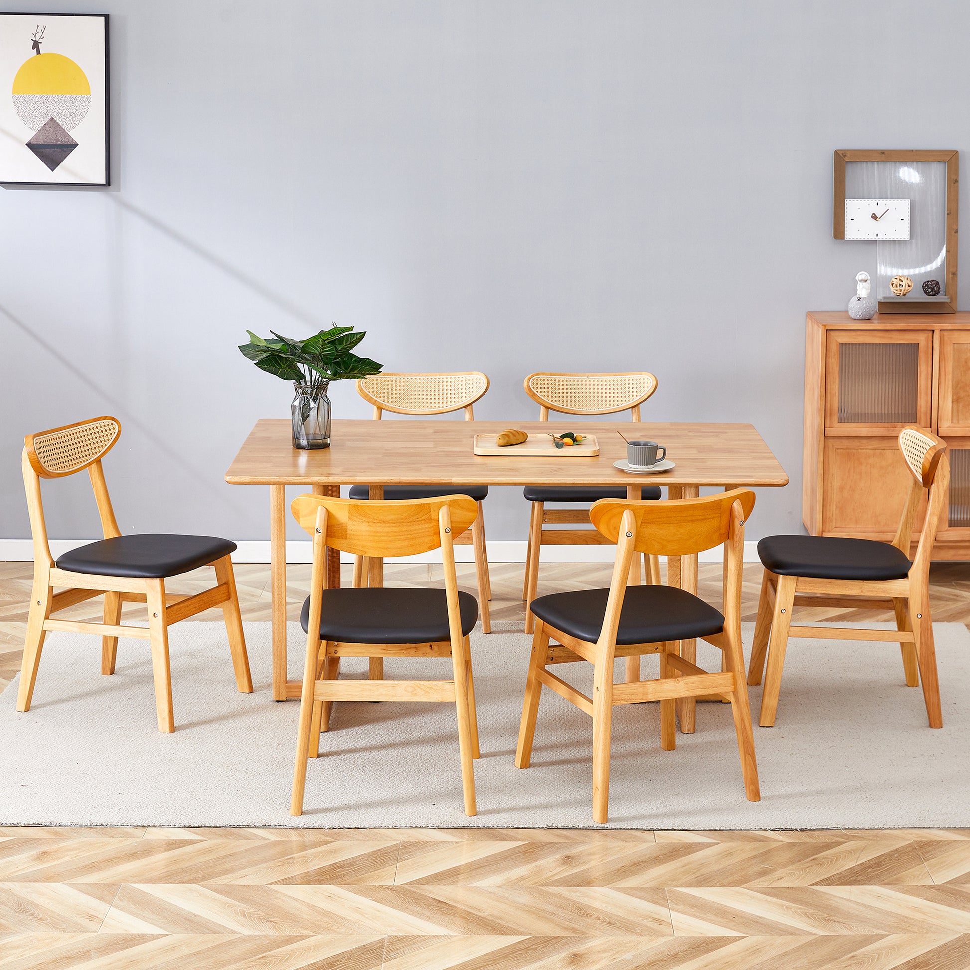 Table And Chair Set, Ancient Style Solid Wood Dining Table, Imitation Rattan Table Legs, Beautiful Simple Solid Wood Dining Chair, Perfect For Dinner, Meetings, Home And Office Decoration Wood Rubber Wood