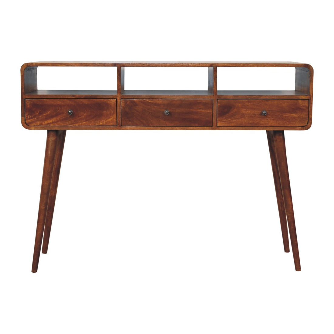 Solid Wood Triple Curved Chestnut Console Table Brown Light Brown Primary Living Space Contemporary Freestanding Mango Rectangular Drawers Console Tables Lacquered Rectangular Solid Wood