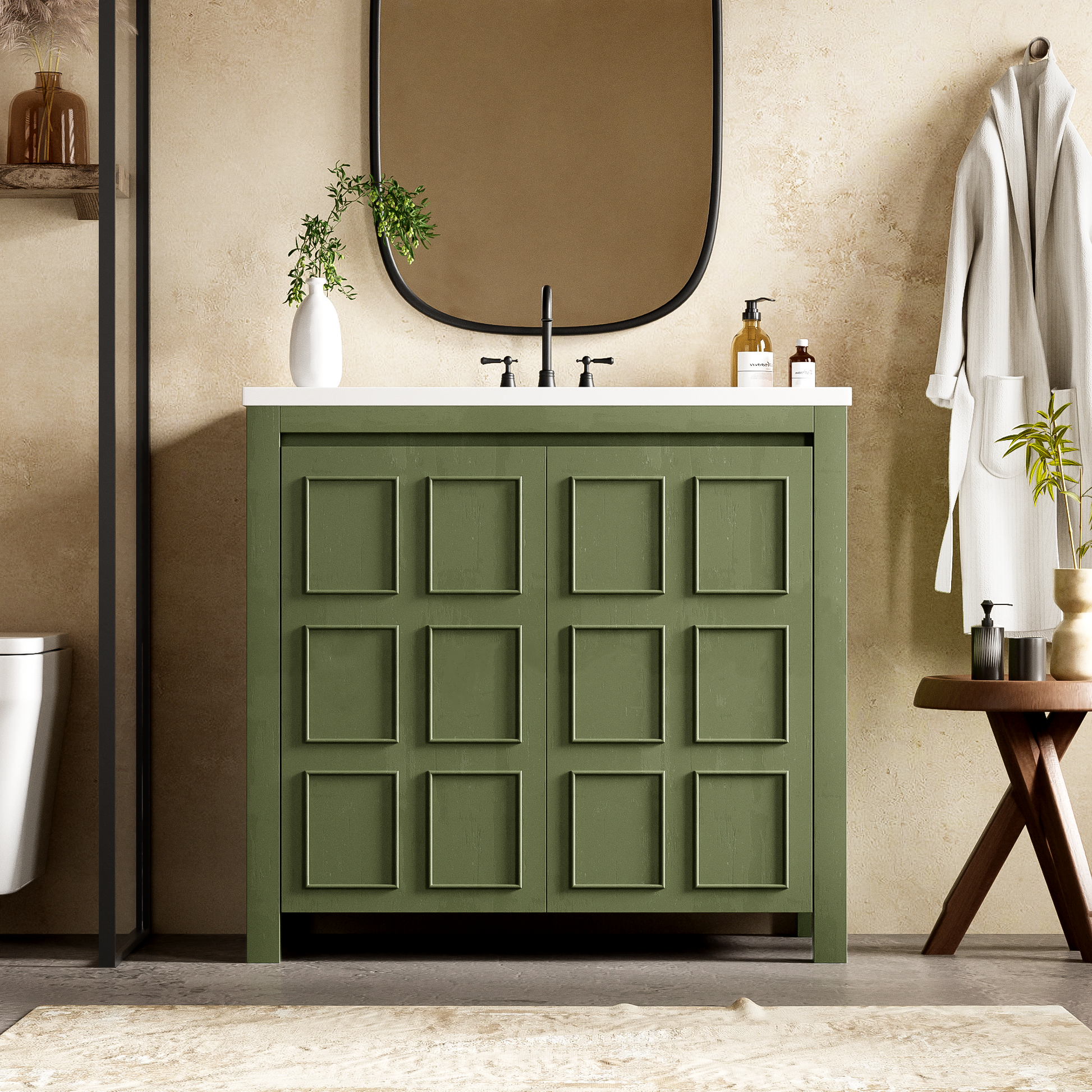 36" Bathroom Vanity Organizer With Sink, Combo Cabinet Set, Bathroom Storage Cabinet, Olive Green Olive Green Bathroom Solid Wood Mdf Resin