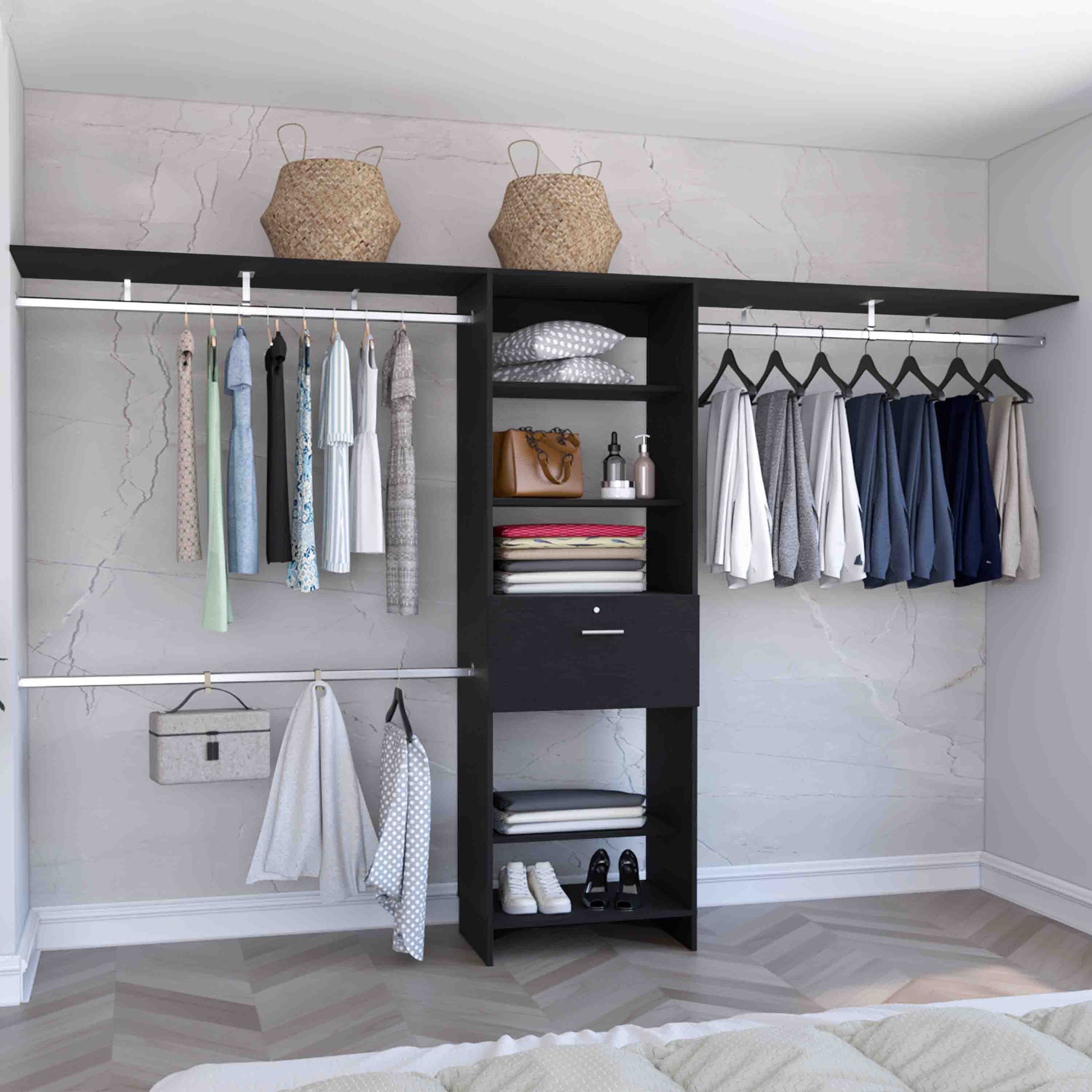 Closet System 70"W 118"W, Three Hanging Rods, Five Shelves, One Drawer, Black Black Solid Wood Mdf Engineered Wood