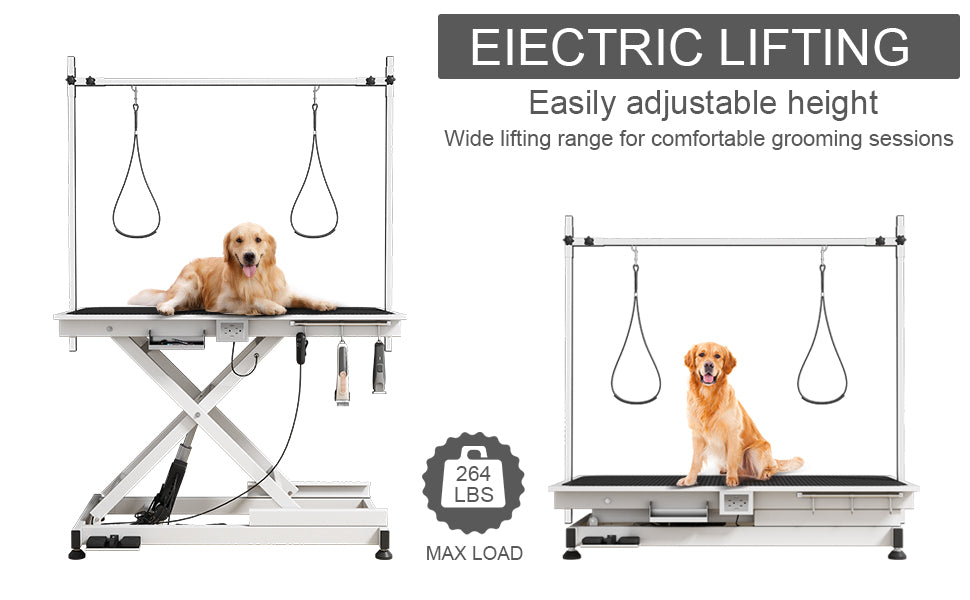 Super Deluxe Electric Pet Grooming Table, 110V 220V Professional Groomer Recommend Adjustable Height From 9.4" To 39.37" White Color Black White Carbon Steel