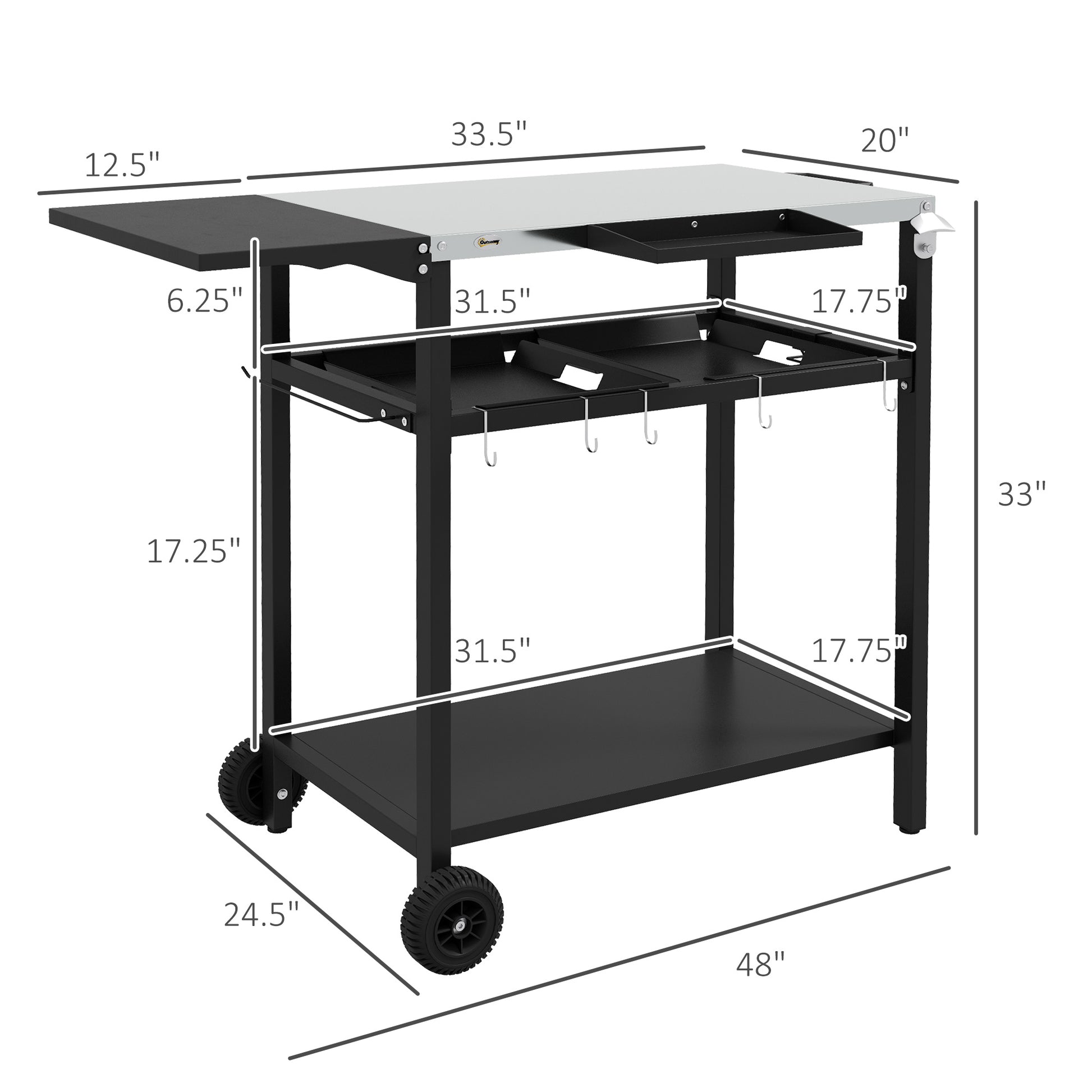 Outsunny Outdoor Bar Cart With Stainless Steel Tabletop, Kitchen Island With Wheels, 2 Tiers & Seasoning Shelf, Patio Serving Cart With Hooks, Towel & Garbage Bag Holder, Plates & Spice Jars, Black Black Steel