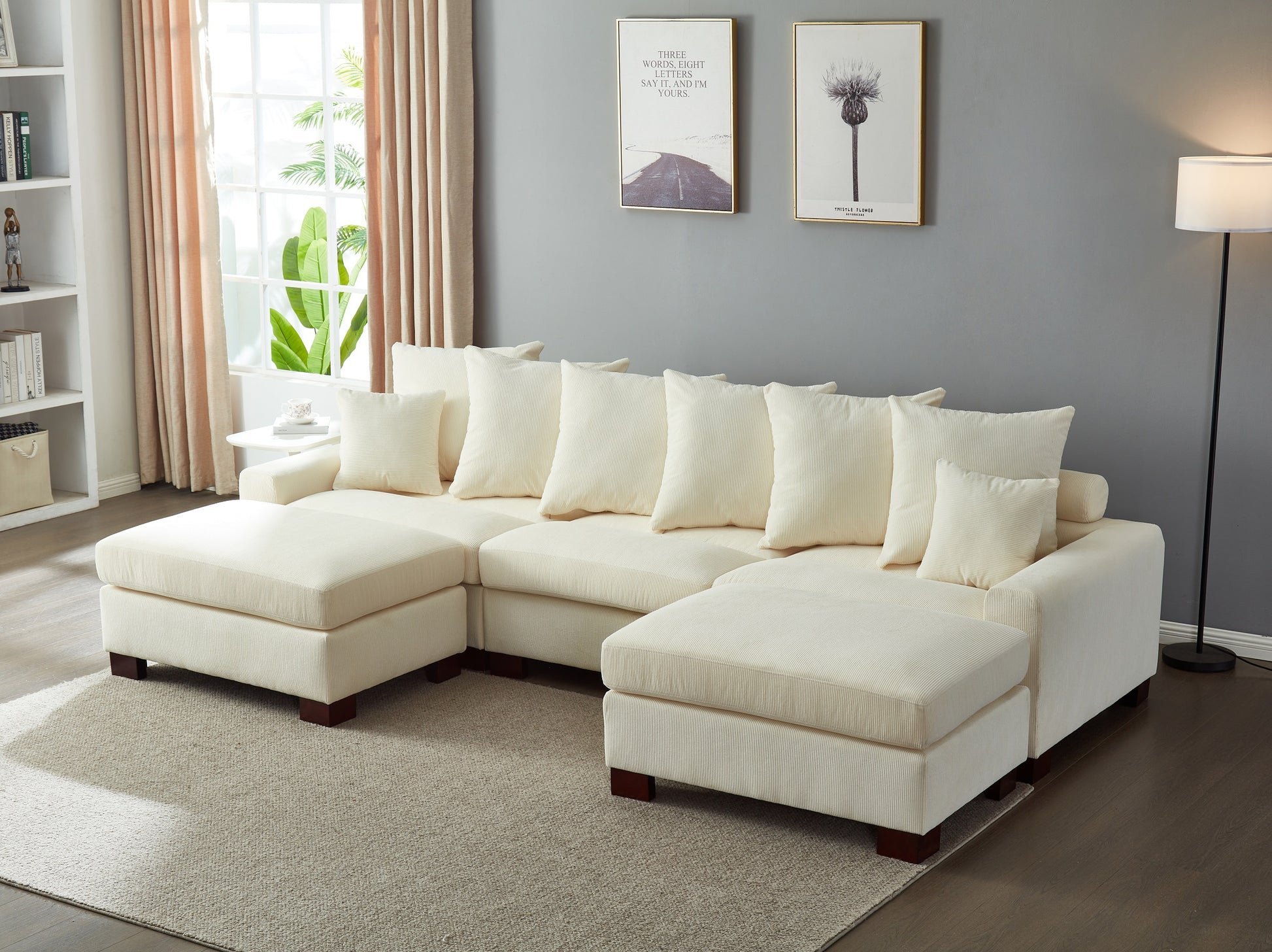 Modular Sectional Sofa,5 Seater Oversized Convertible L & U Shaped Couch, Corduroy Fabric Beige Wood Fabric 5 Seat