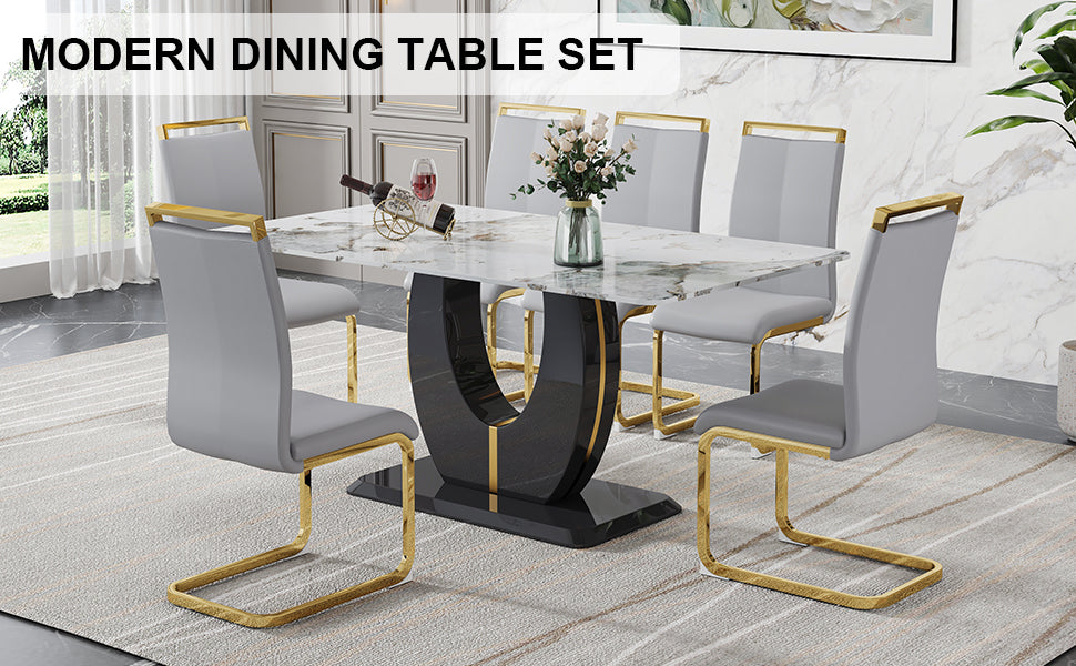 Table And Chair Set, Modern Dining Table, Patterned Table Top And Black Mdf Table Leg, Soft And Comfortable Dining Chair, Perfect For Dinner, Meetings, Home And Office Decor Black Grey Mdf Glass