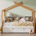 White Twin Size Wooden House Bed With Original Wood Colored Frame Twin Size Trundle And Bookshelf Storage Space For Children Or Guest Room Twin White Wood