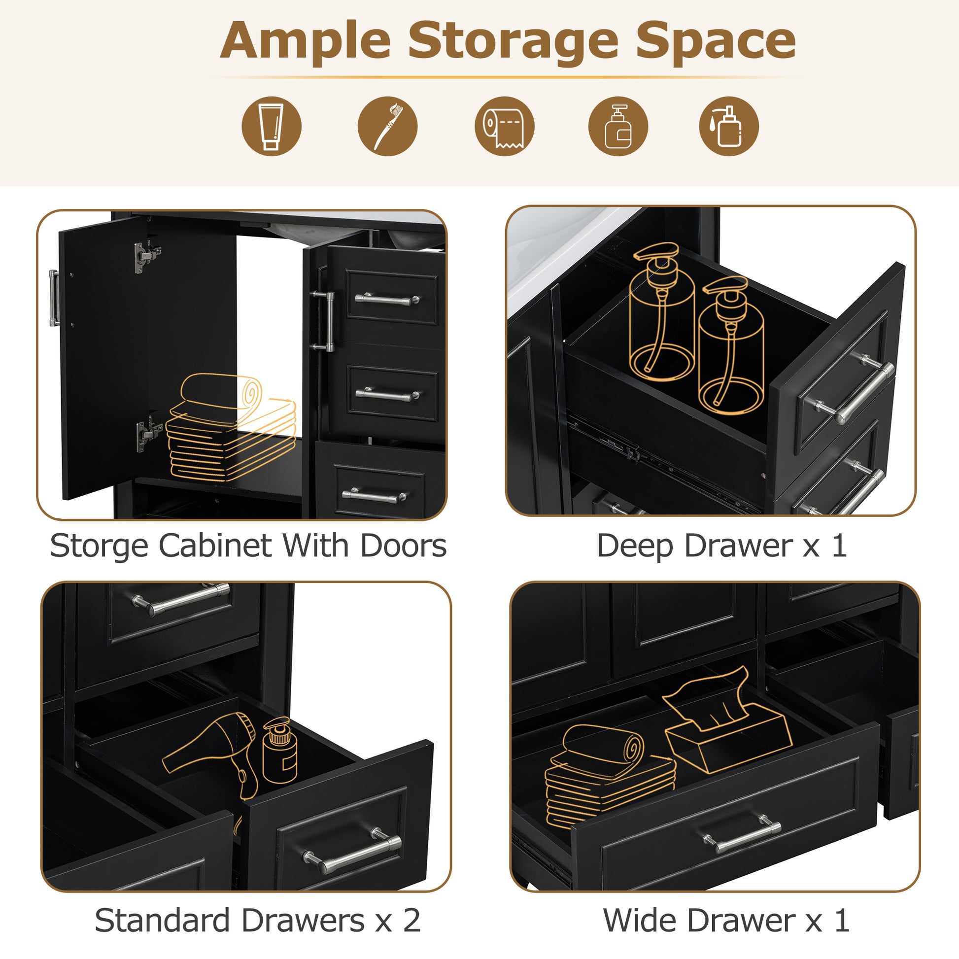 36 Inch Traditional Bathroom Vanity With Resin Sink Combo Set, Black Bathroom Cabinet With Two Doors And Four Drawers Black Bathroom Solid Wood Mdf Resin