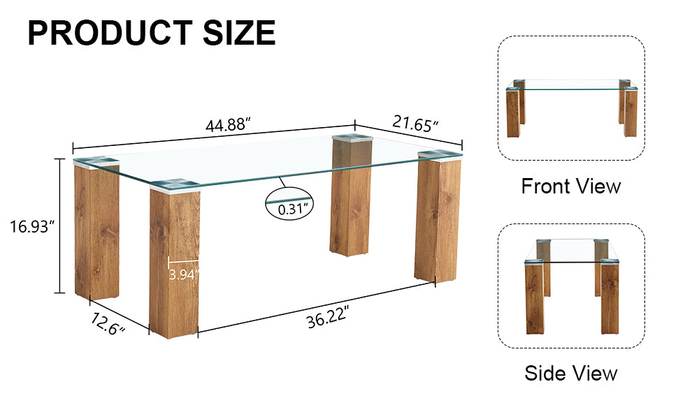 Glass Top Coffee Table,Tea Table, With Mdf Legs Stylish Blend Of Elegance And Durability 44.9"*21.7"*16.9" Transparent Wood Glass