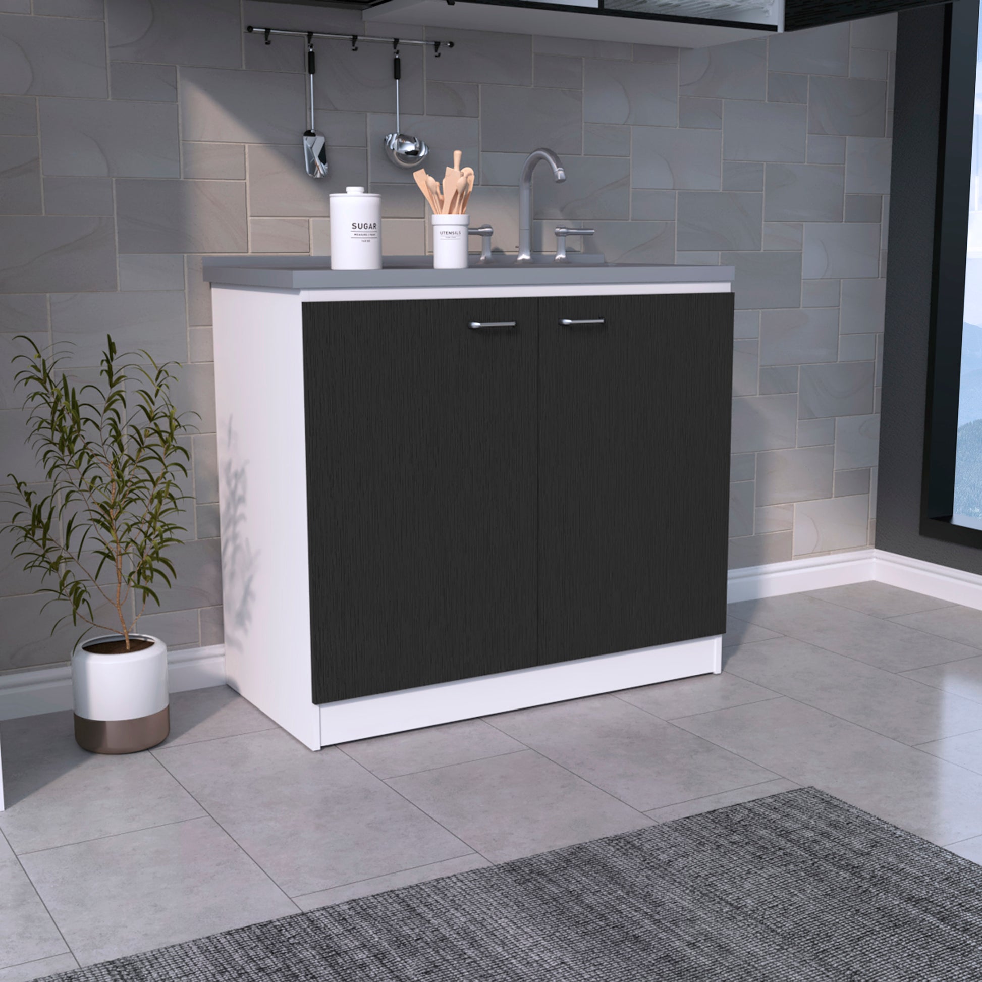 Freestanding Sink, Double Door Cabinet, Two Shelves, White Black Multicolor Solid Wood Mdf Engineered Wood