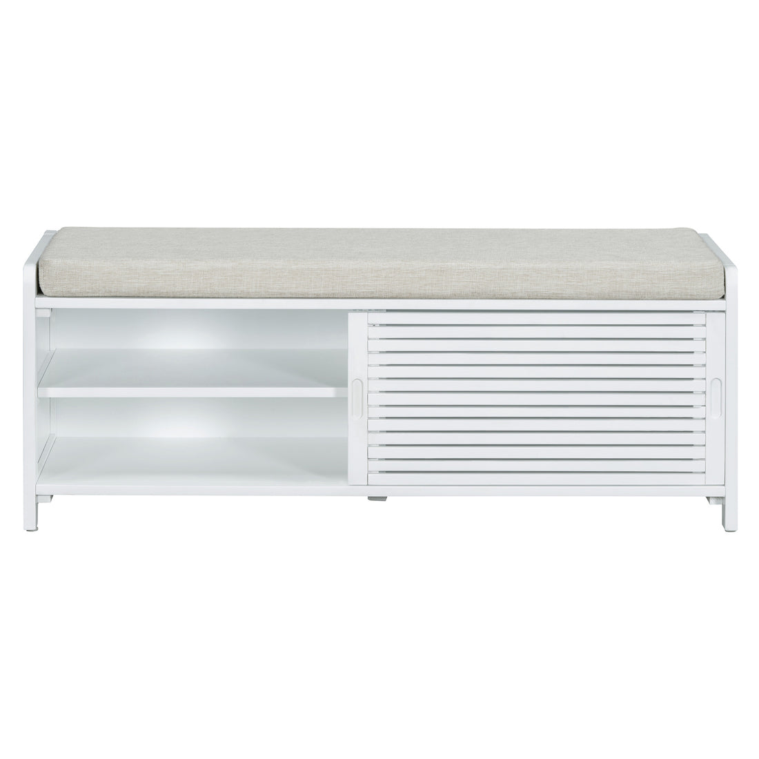 Distressed Shutter Storage Bench With Acacia Veneer For Retro Charm For Living Room, Entryway White White Mdf