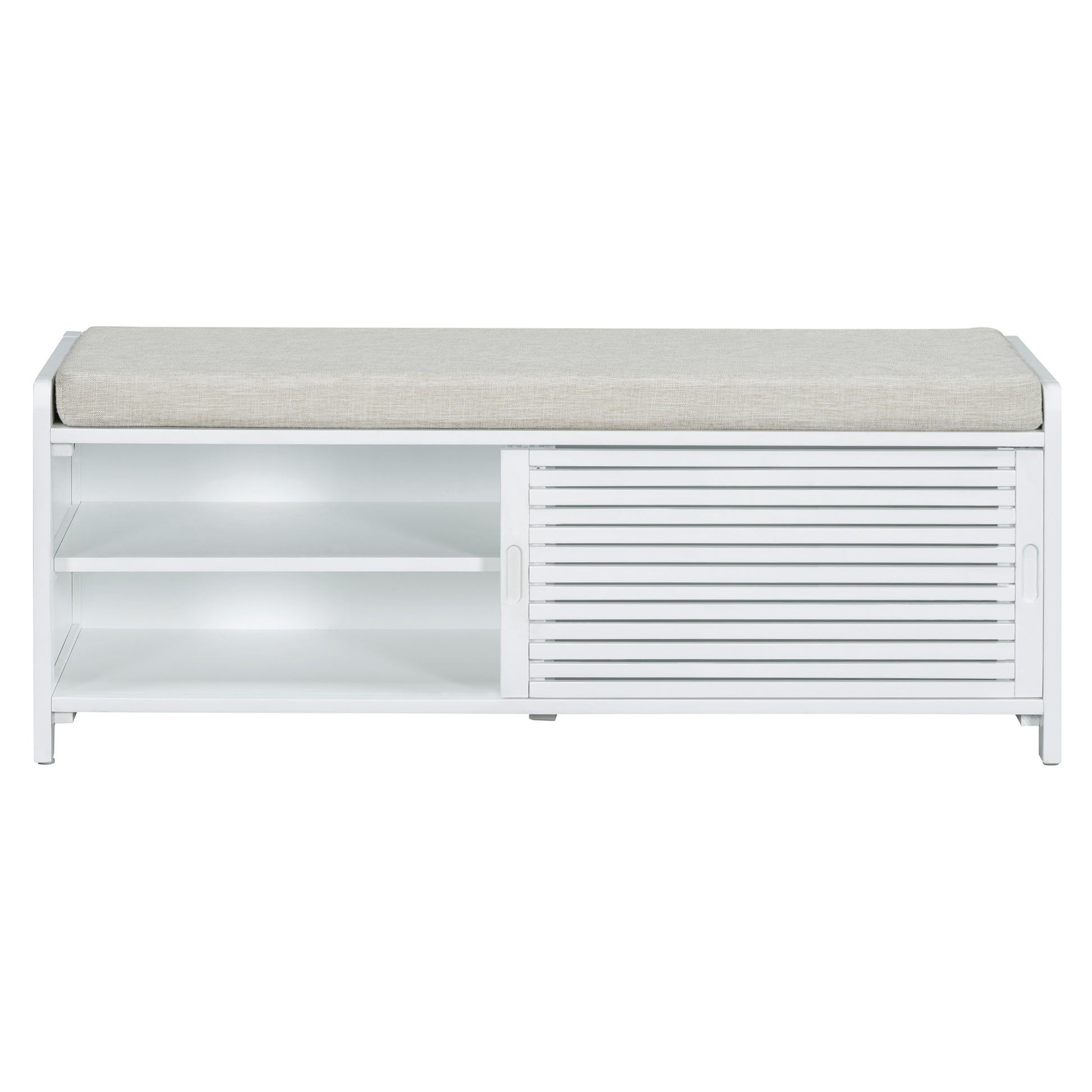 Distressed Shutter Storage Bench With Acacia Veneer For Retro Charm For Living Room, Entryway White White Mdf