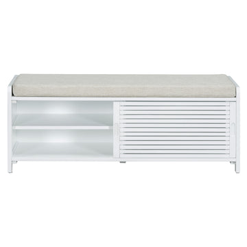 Distressed Shutter Storage Bench With Acacia Veneer For Retro Charm For Living Room, Entryway White White Mdf