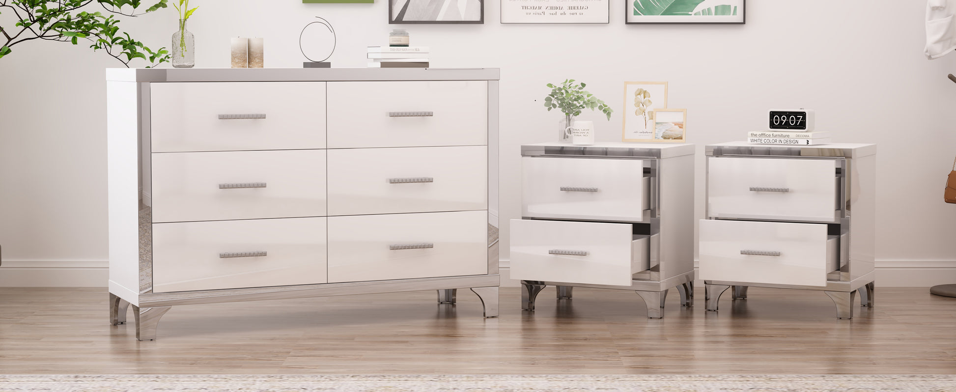 3 Pieces Sets,Dresser And Two Nightstands With Metal Handles And Mirror Decoration, Elegant And Subtle,White White 3 Piece Set Mdf