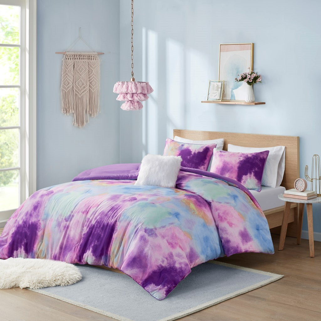 Watercolor Tie Dye Printed Comforter Set With Throw Pillow Twin Multicolor Polyester