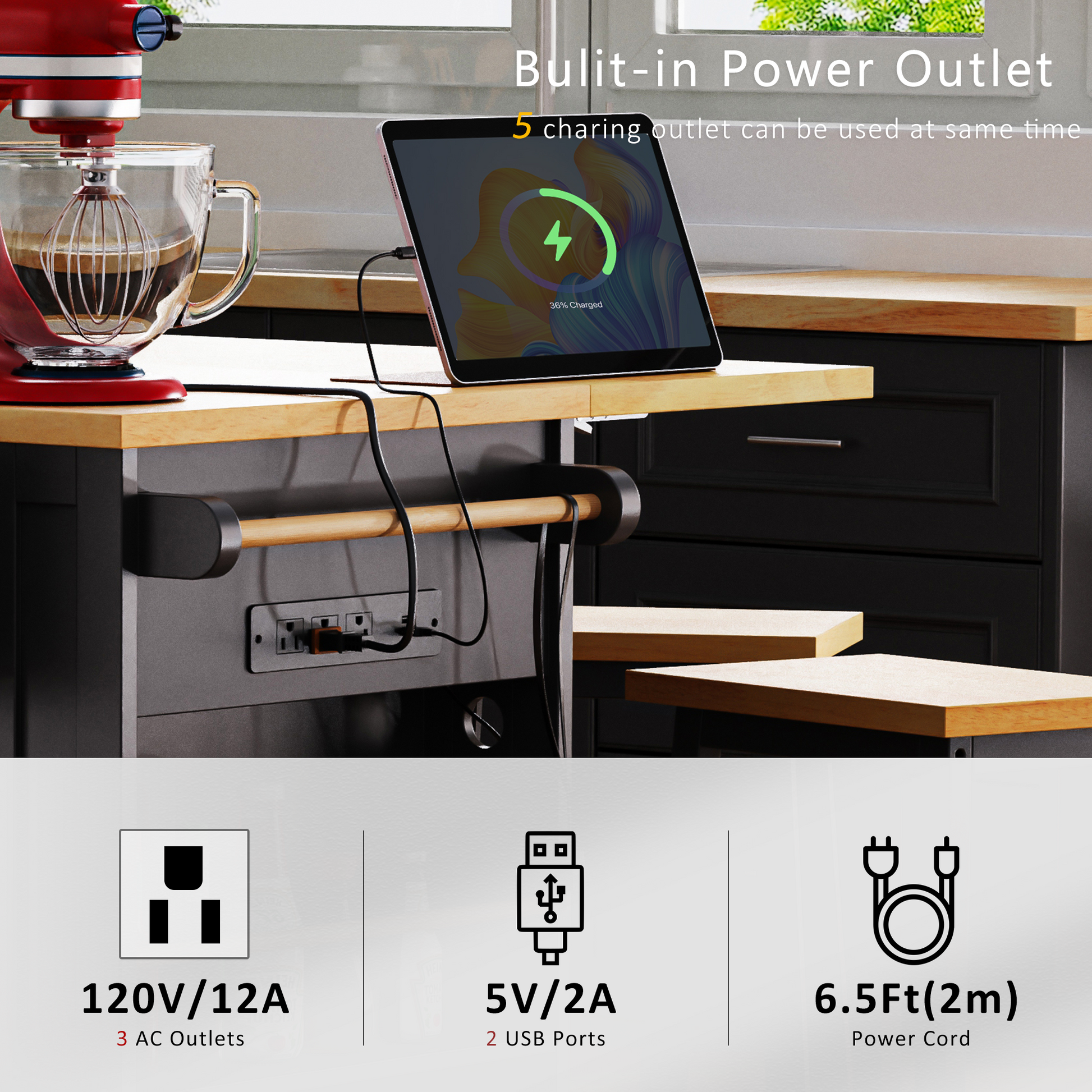 K&K 53Inch Large Kitchen Island With 2 Bar Stools, Power Outlet,Door Internal Storage Rack, Kitchen Storage Cart On 5 Wheels With Drop Leaf, 5 Open Side Racks, 3 Drawers, For Kitchen,Dining