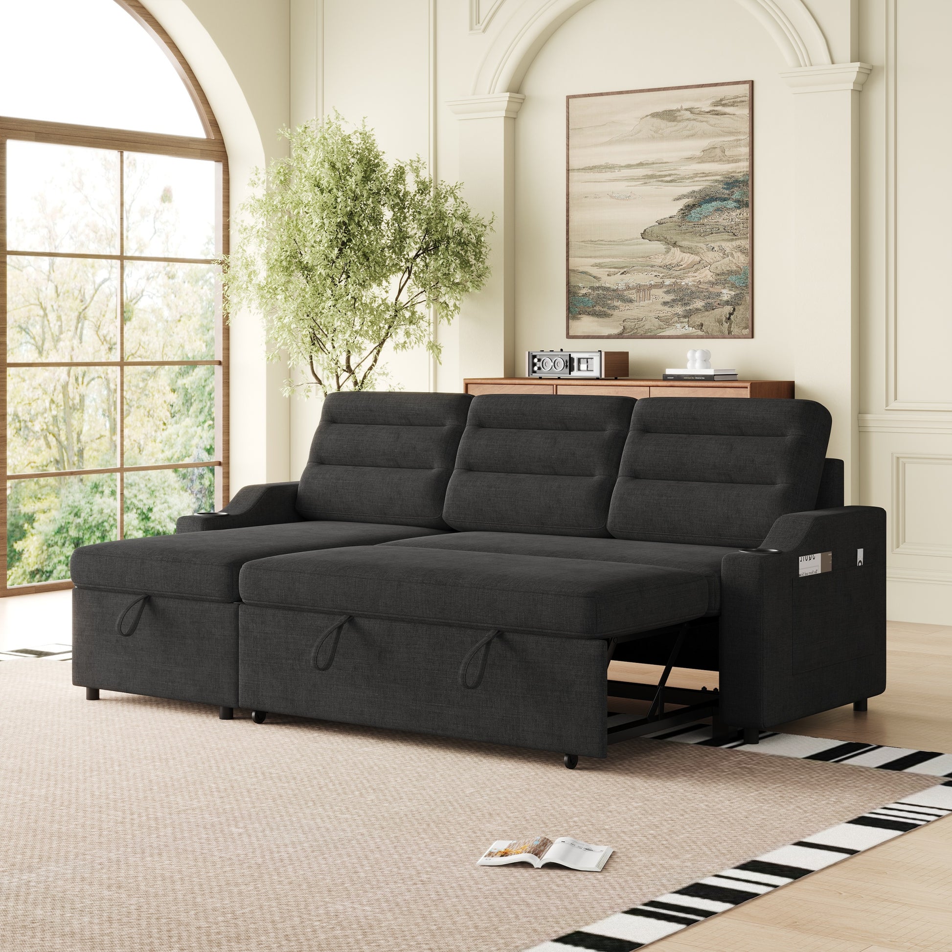 Mh83.5" Convertible Sleeper Combo Sofa, Convertible Sofa Bed Polyester Pullout Bed With Storage Recliner And Cup Holder For Living Room, Tight Spaces Black Polyester Wood Primary Living Space Pine Polyester Fabric 3 Seat