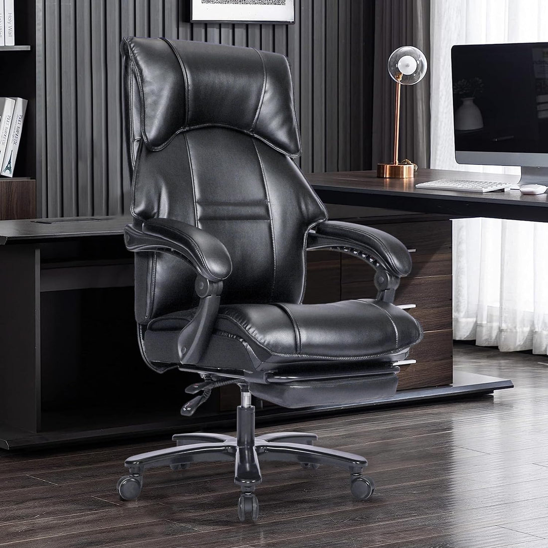 500Lbs Big And Tall Office Chair Wide Seat For Heavy People With Quiet Wheels Heavy Duty Metal Base High Back Larger Size Pu Leather Executive Office Chair With Footrest Back Reclining Alloy Steel Black Foam Faux Leather