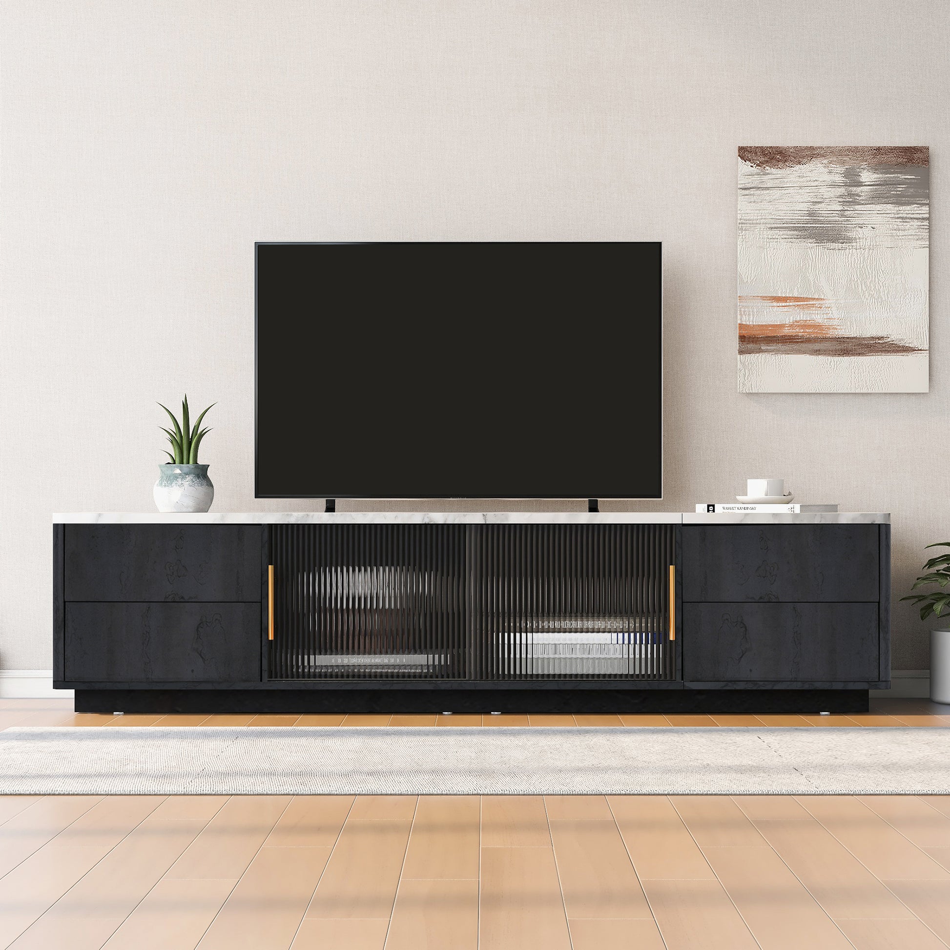 Modern Tv Stand For 70'' Tv With 4 Drawers, Media Console Table, Entertainment Center With Large Storage Cabinet For Living Room, Bedroom Black,White Primary Living Space 60 69 Inches 60 69 Inches