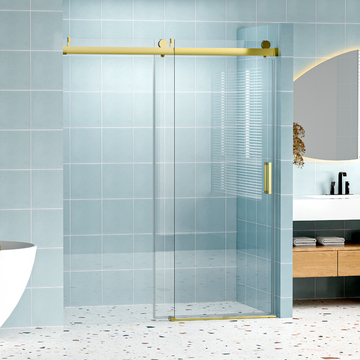 56" 60" W X 76" H Frameless Soft Closing Single Sliding Shower Door, 1 4" 6Mm Tempered Glass With Explosion Proof Coating Via Express Delivery, Gold 24D01 60Gx Gold Tempered Glass