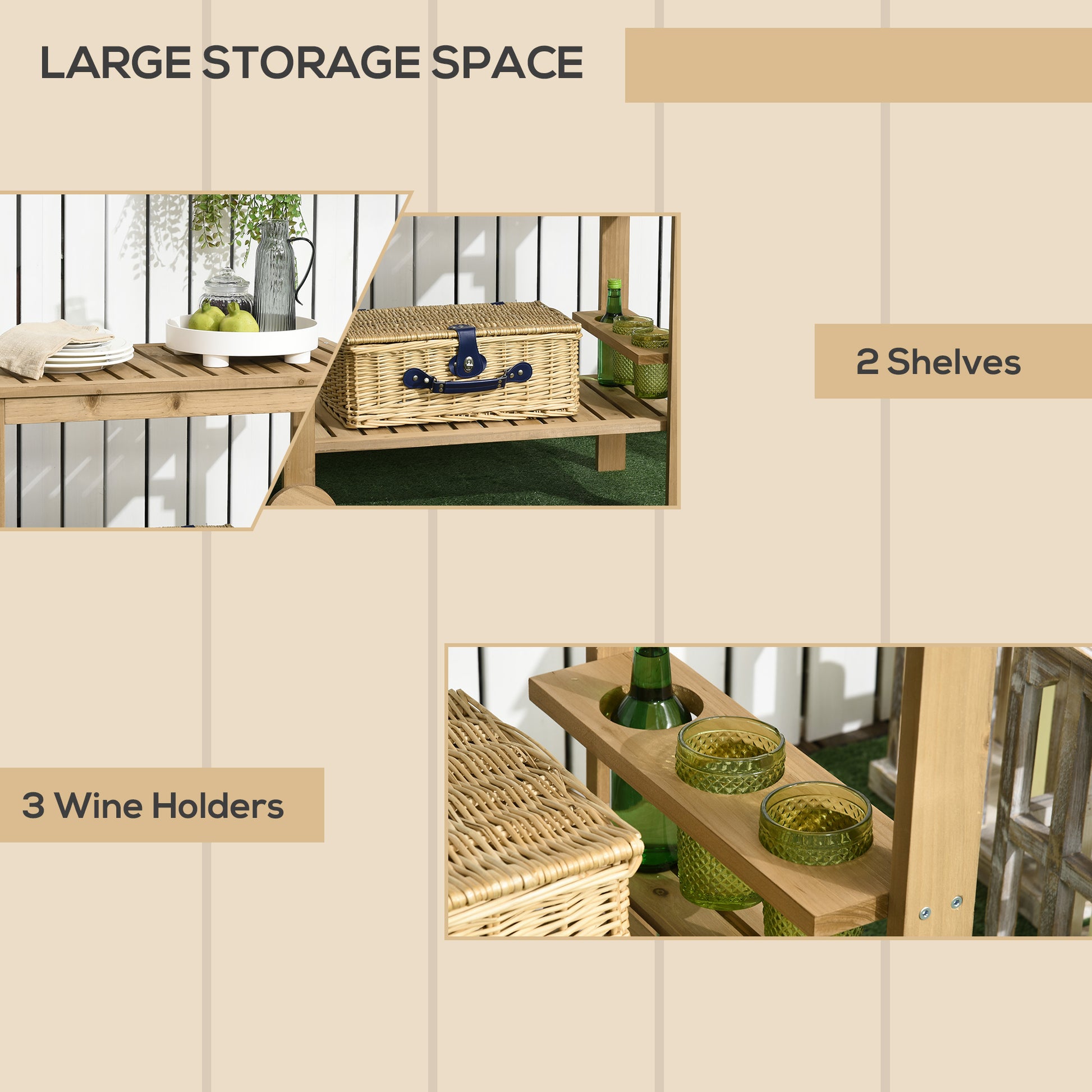 Outsunny Outdoor Bar Cart, Wood Rolling Home Bar & Serving Cart With 2 Shelves, Wine Bottle Holders For Garden, Dining Room, Natural Natural Wood