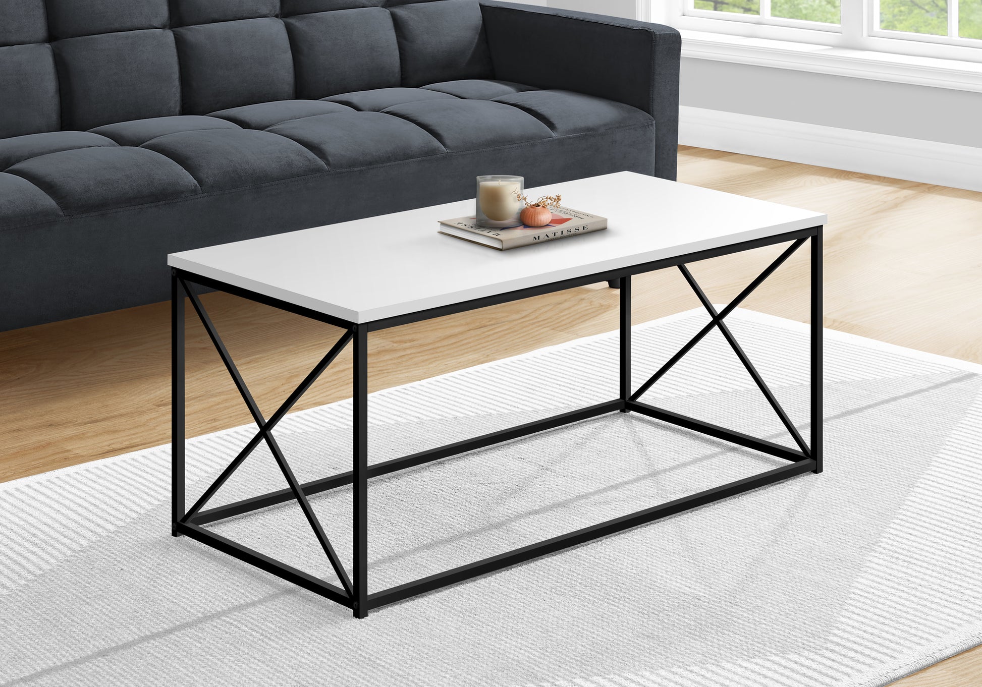 Coffee Table, Accent, Cocktail, Rectangular, Living Room, 40"L, White Laminate, Black Metal, Contemporary, Modern White Particle Board