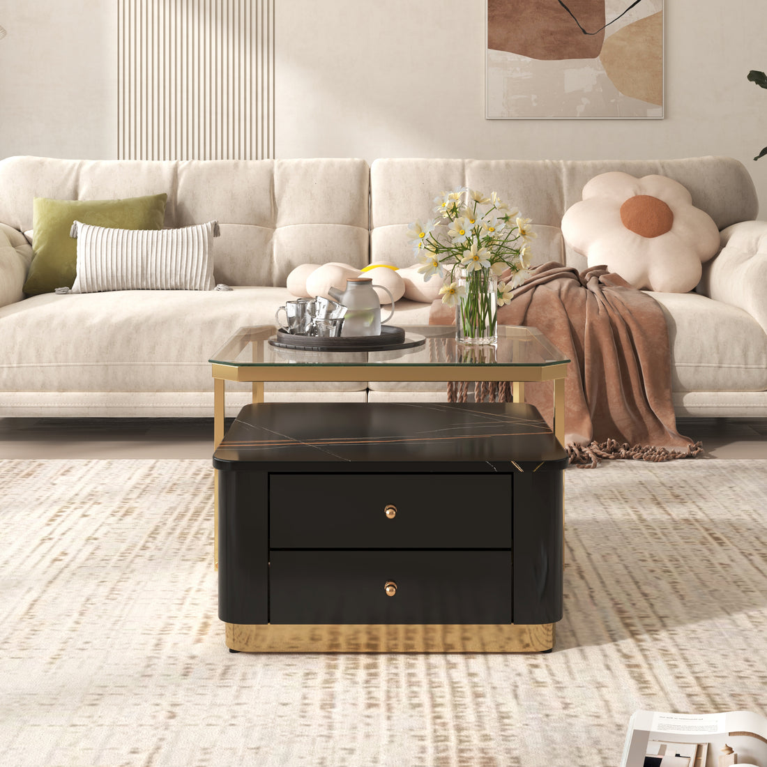 Modern 2 Pieces Black Square Nesting Coffee Table With Drawers & Electroplated Gold Legs In 27.6'' Golden Black Drawers Coffee & End Tables Glossy Square Mdf Glass Mdf Pedestal