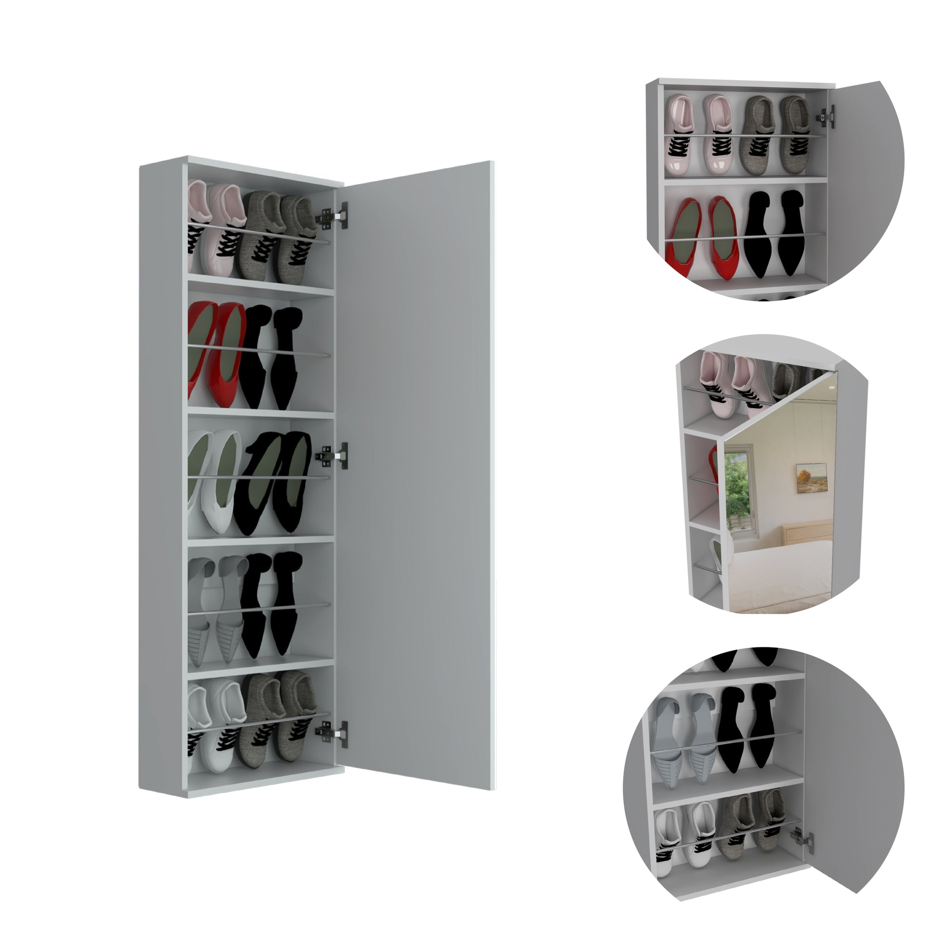 Connecticut Wall Mounted Shoe Rack, Mirror, Five Shelves, Ten Shoes Capacity White Bedroom Modern Melamine Engineered Wood