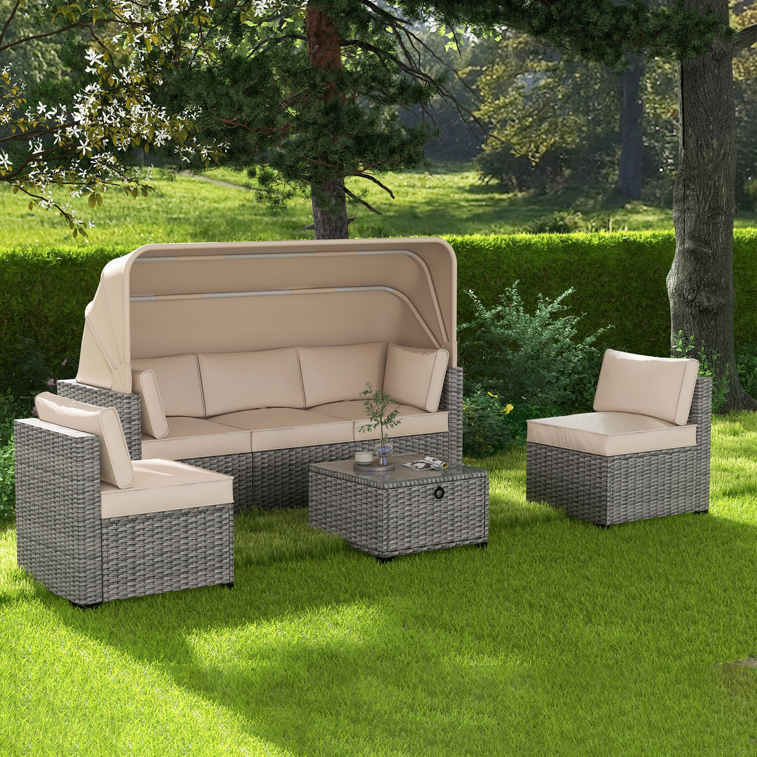 6 Pieces Patio Furniture Sets, Outdoor Rattan Daybed With Retractable Canopy, Outdoor Sectional Sofa Set With Adjustable Backrest, Chaise Chair Sunbed For Garden Poolside Backyard 3 Yes Complete Patio Set Antique Grey White Seats 6 Water Resistant