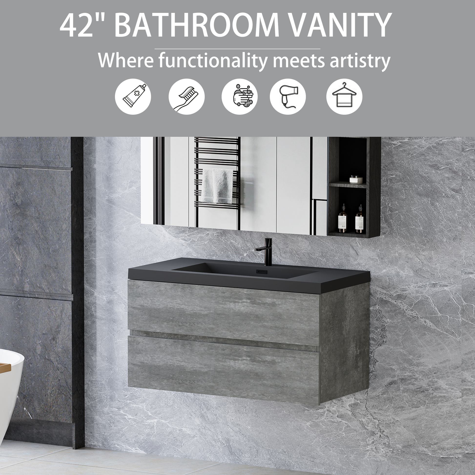 42" Floating Bathroom Vanity With Sink, Modern Wall Mounted Bathroom Storage Vanity Cabinet With Black Quartz Sand Top Basin And Soft Close Drawers, Grey 24V12 42Gr Grey Melamine