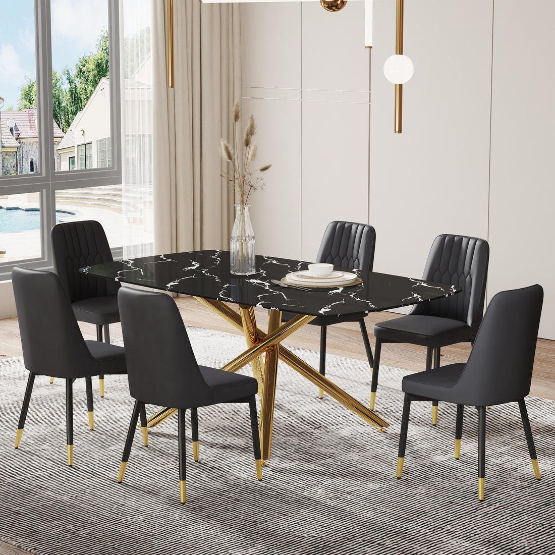 Large Modern Minimalist Rectangular Dining Table With 0.39 "Imitation Marble Black Tabletop And Golden Metal Legs, Paired With Chairs With Pu Cushions And Black Metal Legs. F 1537 C 007 Black Gold Glass Metal