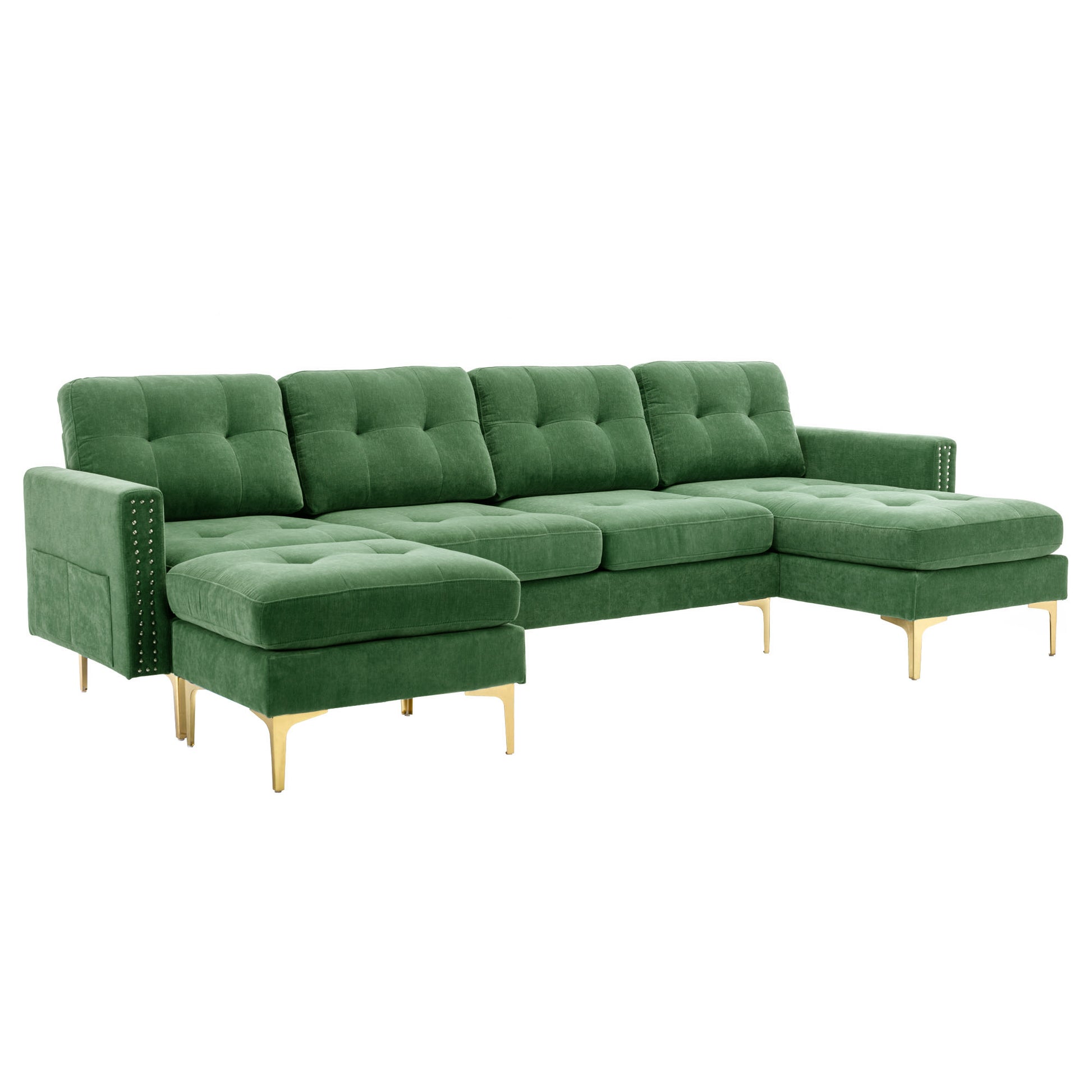 110" L Shape Convertible Sectional Sofa Couch With Movable Ottoman For Living Room, Apartment, Office, Green Green Foam Velvet 4 Seat