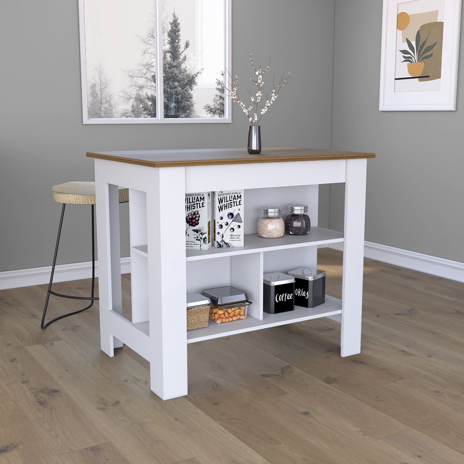 Kitchen Island, kitchen table 35" H, Four Legs, Three multicolor-particle board-particle board