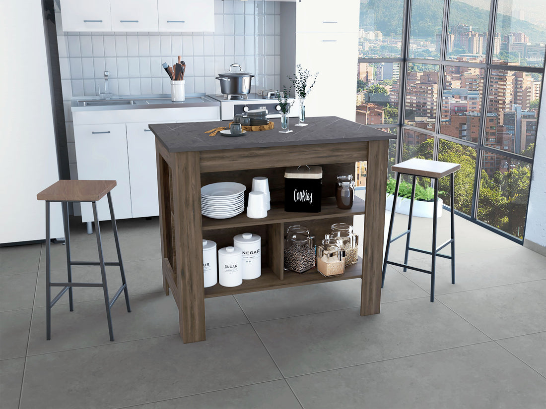 Kitchen Island, Kitchen Table 35" H, Four Legs, Three Open Storage Shelves, Dark Brown Onix Multicolor Particle Board Particle Board