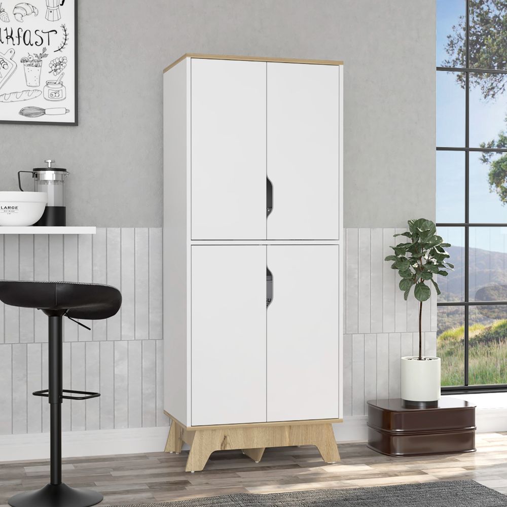 Pamplona Double Kitchen Pantry, Double Door, Four Legs, Four Shelves Light Oak White Multicolor Particle Board Particle Board