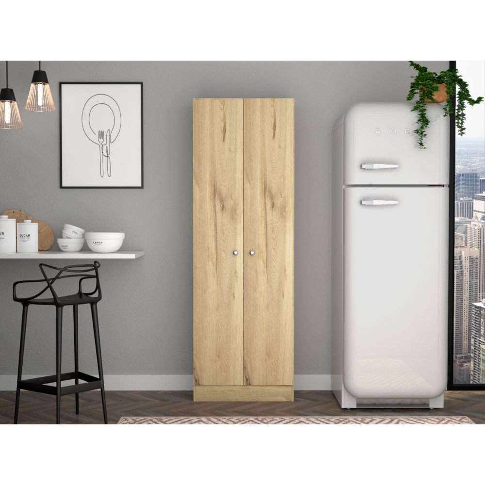 Multistorage Cabinet 71" H, Two Doors, Five Internal Shelves, Light Oak Black Multicolor Particle Board Particle Board