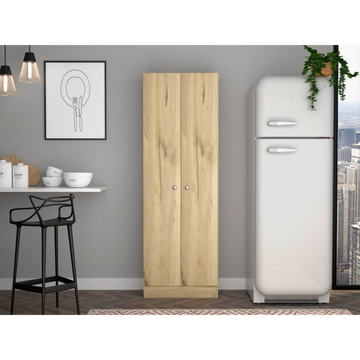 Multistorage Cabinet 71" H, Two Doors, Five Internal Shelves, Light Oak Black Multicolor Particle Board Particle Board