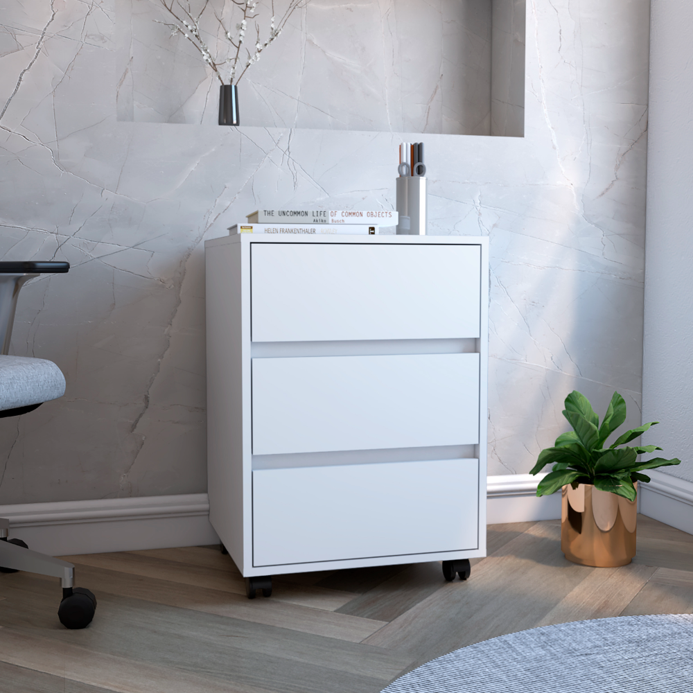 Ibero 3 Drawer Filing Cabinet, Four Casters, Three Drawers, Top Surface, White White Particle Board Particle Board