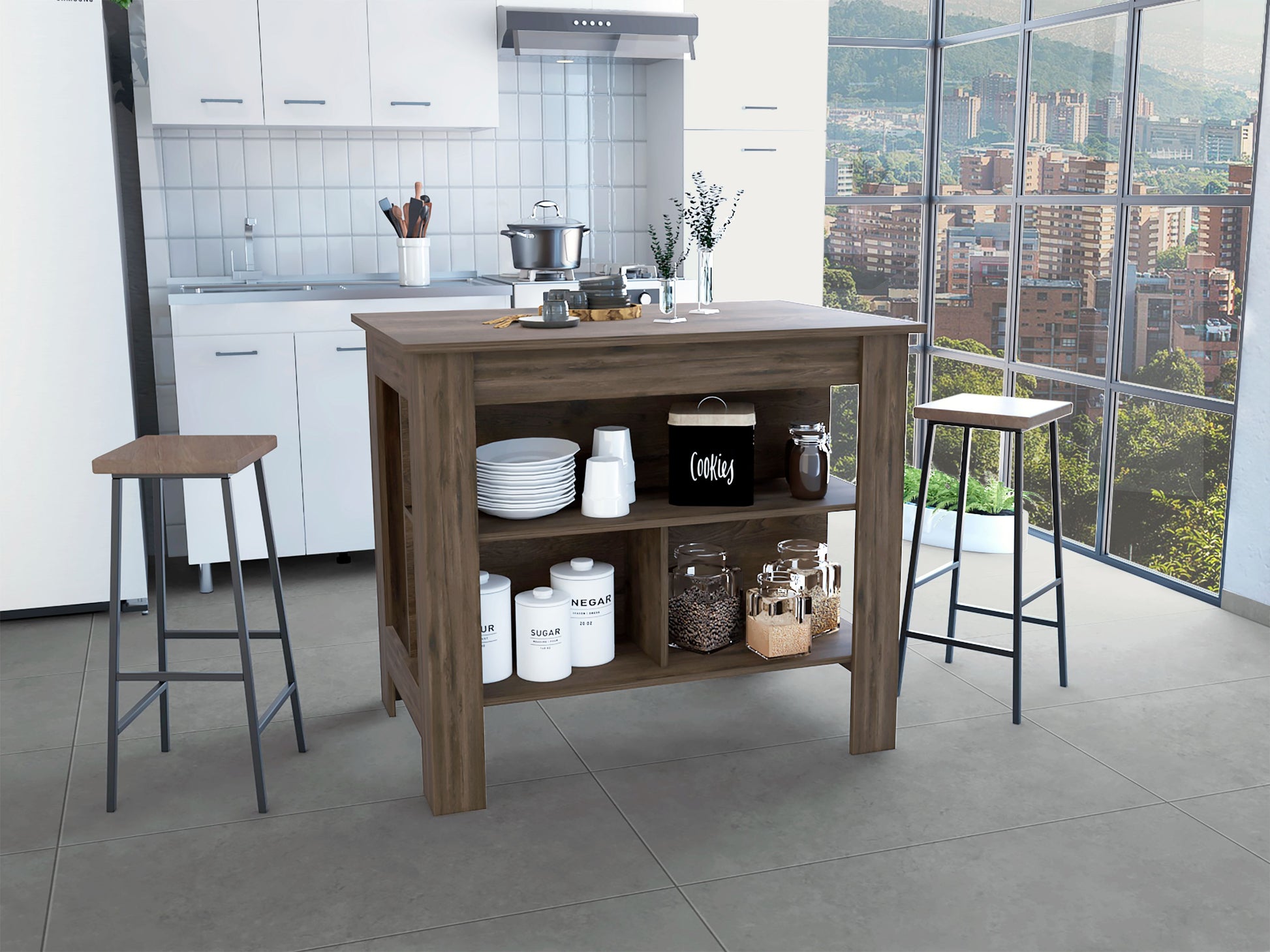 Delos Kitchen Island, Four Legs, Three Shelves, Dark Brown Brown Particle Board Particle Board
