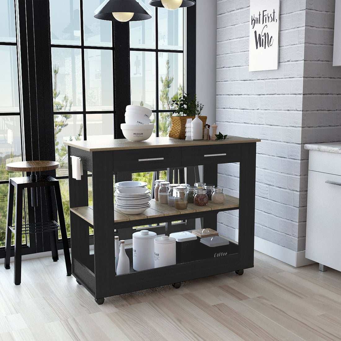 Kitchen Island 36" H, Six Casters, Two Drawers, Two multicolor-particle board-particle board
