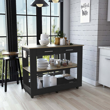 Kitchen Island 36" H, Six Casters, Two Drawers, Two Open Storage Shelves, Towel Hanger, Black Light Oak Multicolor Particle Board Particle Board