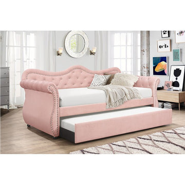 Abby Upholstered Velvet Wood Daybed With Trundle In Pink Box Spring Not Required Pink Wood Primary Living Space Contemporary,Modern Solid Wood Mdf Velvet Wood