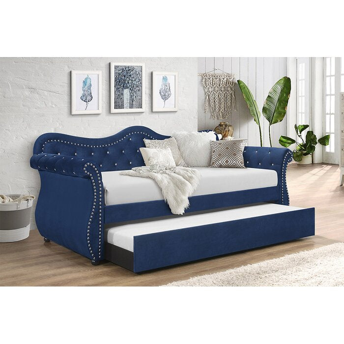 Abby Upholstered Velvet Wood Daybed With Trundle In Blue Box Spring Not Required Navy Wood Primary Living Space Contemporary,Modern Solid Wood Mdf Velvet Wood