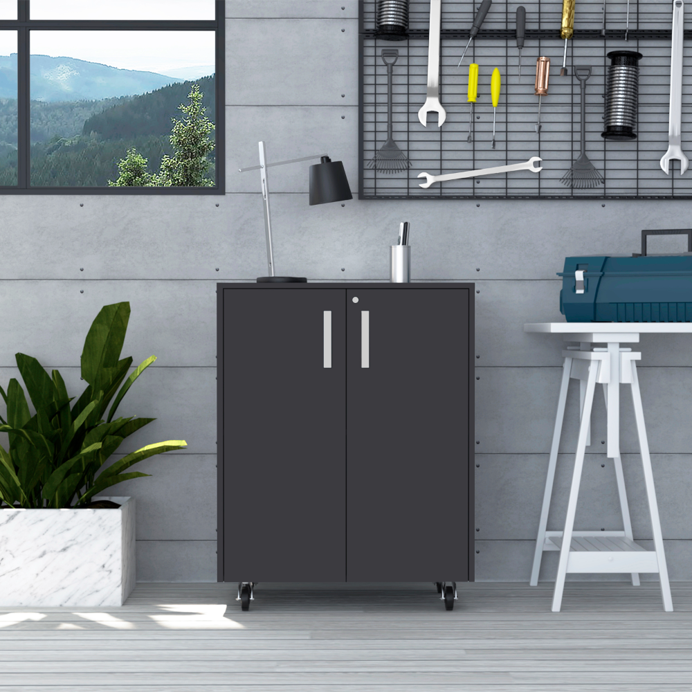 Multistorage Cabinet 35" H, Two Doors, Two Interior Shelves, Four Wheels, Black Black Particle Board Particle Board